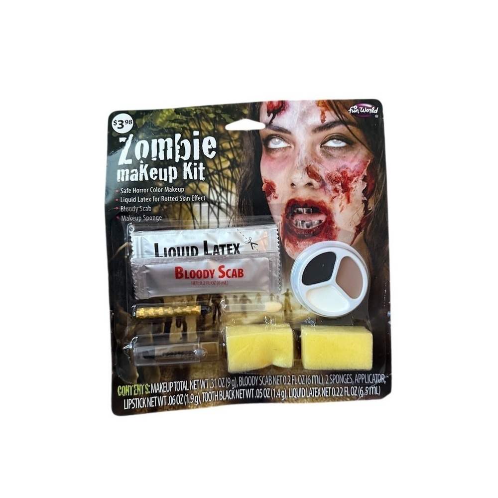 Fun World Zombie Makeup Liquid Latex Bloody Scab Tooth Black Sponges Halloween